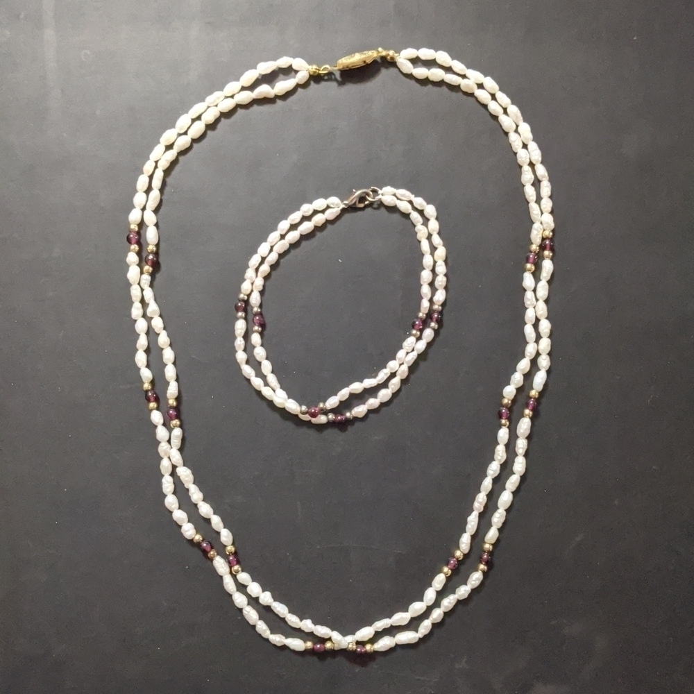 Vintage Genuine Rice Pearl and Amethyst Statement Necklace and Bracelet Set